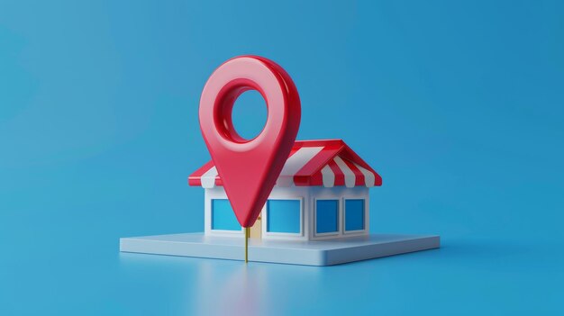 3D Store building with red map pin Virtual shop for rental or sale Concept for online shopping Location point Isolated on blue background Cartoon icon 3D rendering