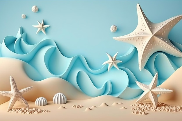 3D strand scène achtergrond met zeesterren en schelpen Plasticine claydough illustratie voor kinderen