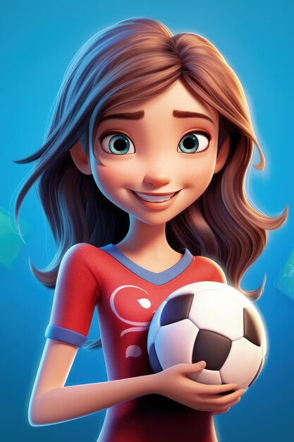 Foto 3d stripfiguur in pixar-stijl schattig verbluffend meisje american football-speler met bal