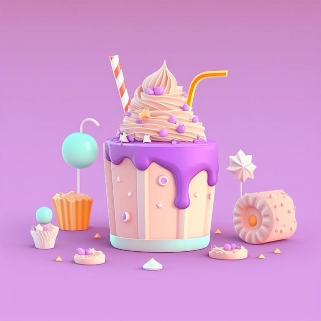 3D-stukje verjaardagstaart met generatieve Milkshake Ai