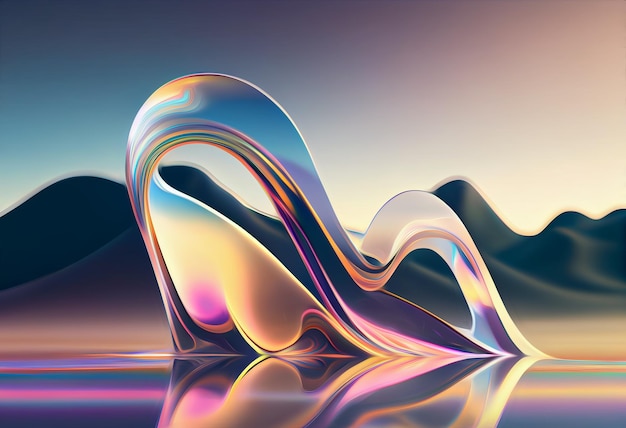 3d style abstract background in nature landscape Transparent glossy glass ribbon on water Holographic curved wave in motion Iridescent design element for banner Generative Ai