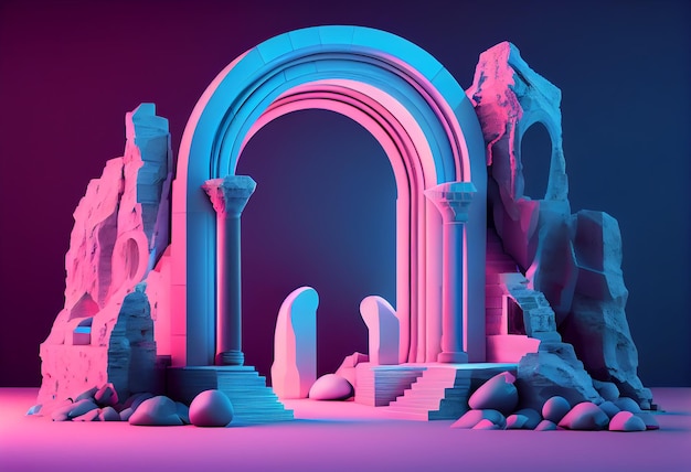 3d style abstract pink blue neon background with glowing arch and stone ruins performance stage showcase for product presentation Generative AI