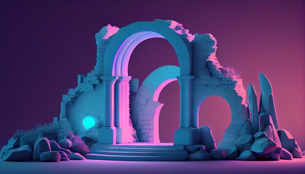 3d style abstract pink blue neon background with glowing arch and stone ruins performance stage showcase for product presentation Generative AI