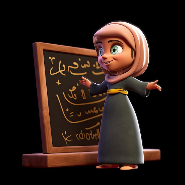 3D style arab female cartoon language teacher writing on the blackboard AI Generated