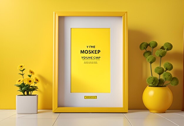 3D Style Blank photo Mockup poster frame yellow interior background