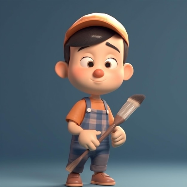 3D Style Cartoon Painter with Brush in Hand Cute