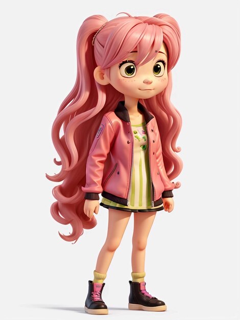 3D 스타일의 귀여운 분홍색 머리 바비 인형
