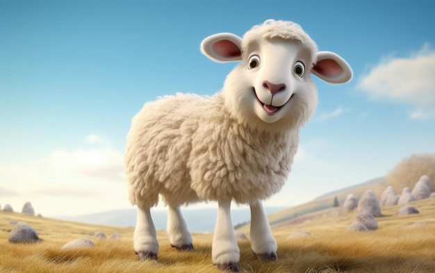 Foto stile 3d pecore carino carino felice pecore in piedi sull'erba con sfondo di montagna