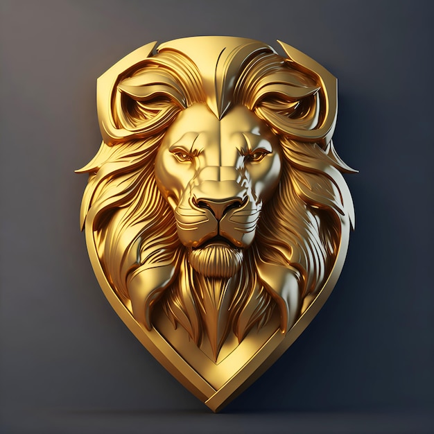 3d style of Lion Head Logo with Gold chrome effect