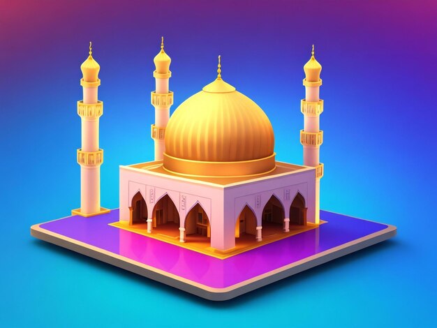 Foto 3d stile moschea musulmana islam app icona isolata su sfondo colorato ai generato