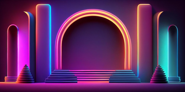 3d style retrowave neon tube abstract pink blue orange neon background with glowing arch Performance stage showcase Podium for product presentation Generative AI