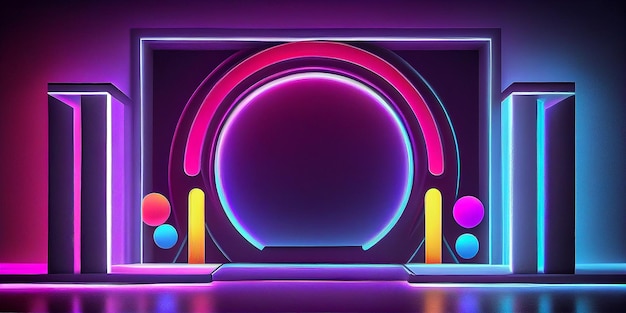 3d стиль ретроволновая неоновая трубка абстрактный розовый синий оранжевый неоновый фон со светящейся аркой Витрина для сцены Подиум для презентации продукта Генеративный ИИ