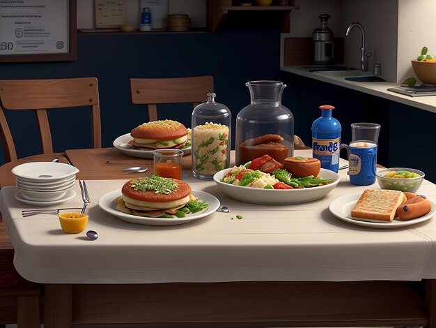 3D スタイル 食べ物はテーブルの端に並べられています