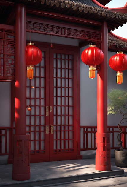 3D 스타일 전통 중국 집은 중국 새해 배경을 위해 빨간 등불 장식으로