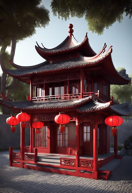 Фото Традиционный китайский дом в 3d-стиле с украшениями красного фонаря для китайского нового года