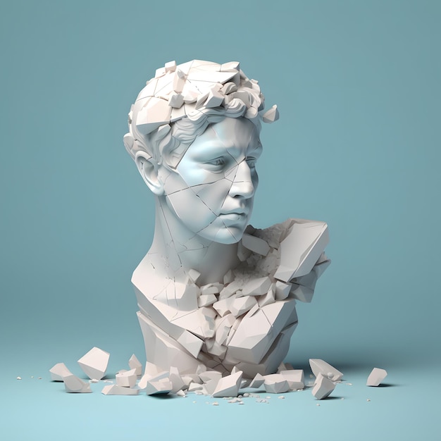 Photo 3d style white marble bust of male classical sculpture broken shattered into large pieces and tiny fragments isolated on pastel blue background generative ai