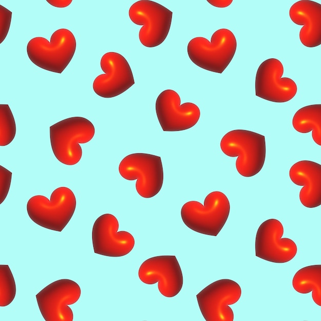 3D Stylized Red Hearts Seamless Pattern on Blue Background