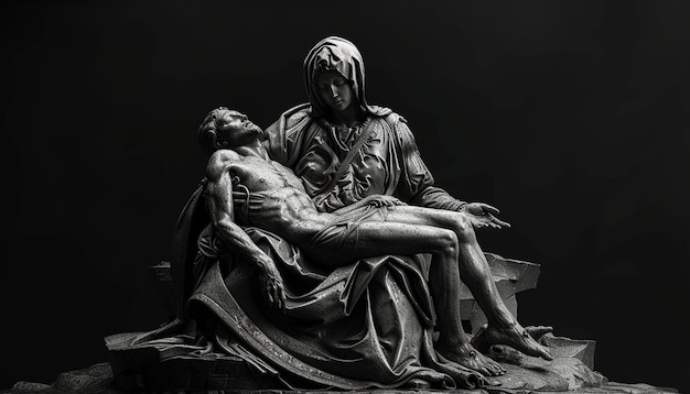 a 3D stylized representation of the Pieta sculpture