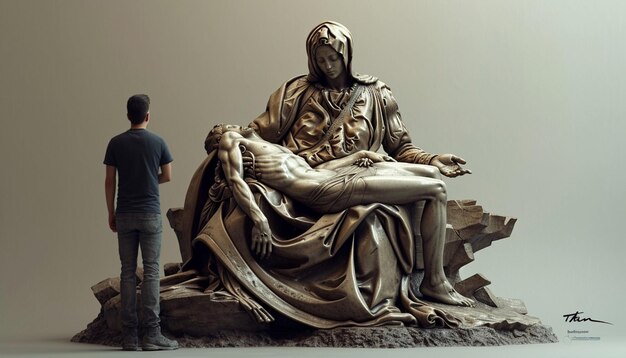 a 3D stylized representation of the Pieta sculpture