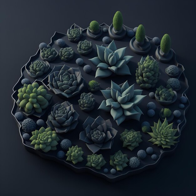 3d succulent garden on a dark floor minimal background created with Generative AI technology