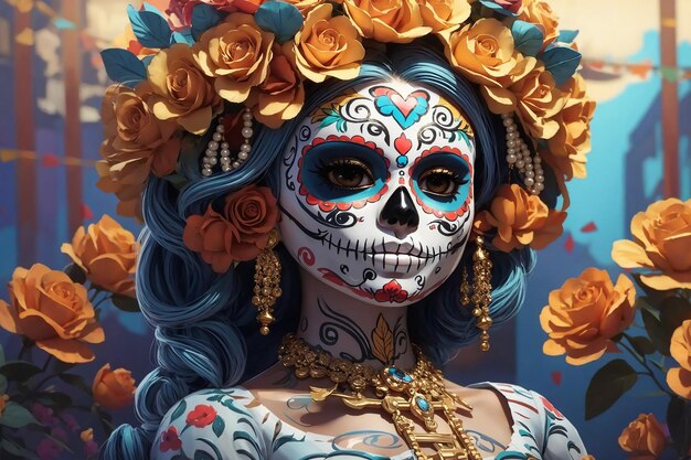 Фото 3d-персонаж sugar skull для мексиканского фестиваля дня мертвых
