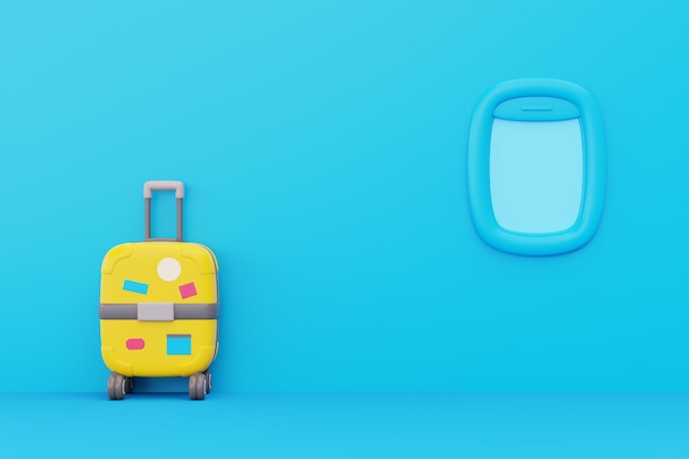 3D Suitcase with airplane window on blue background Tourism and travel concept holiday vacation worldwide trip journey 3d rendering