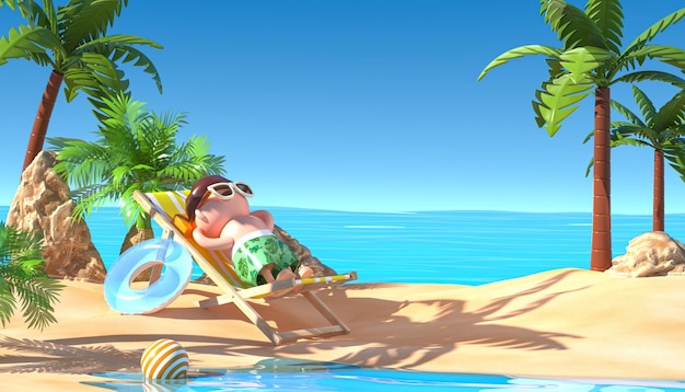 3d summer background on the beach illustration with tree