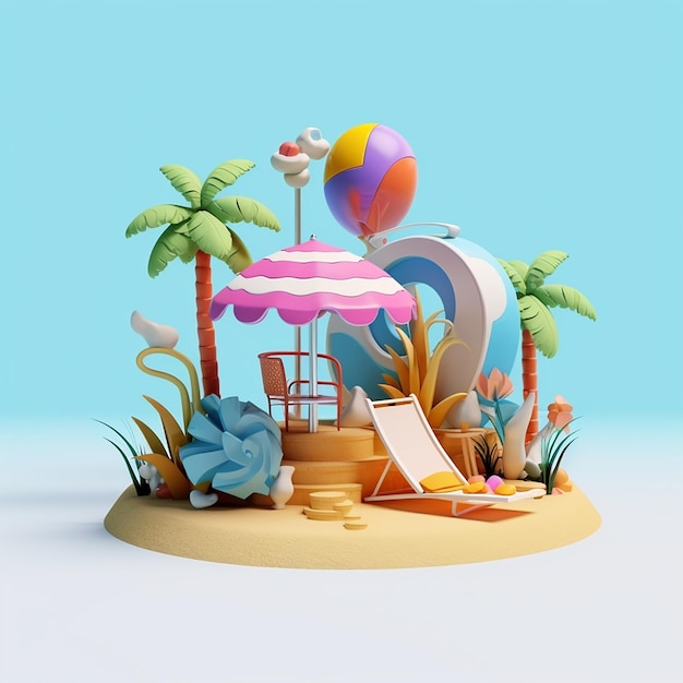 3D 夏のビーチ 傘