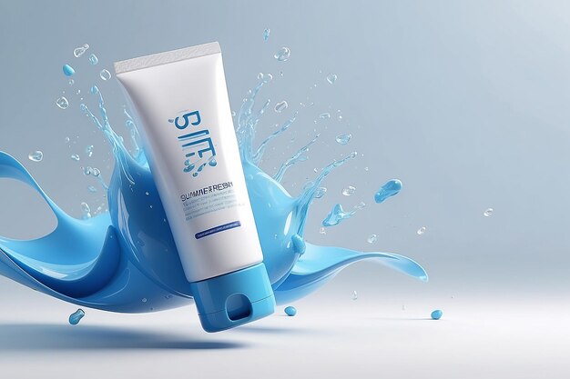 3d summer fresh sunscreen ad banner Blue plastic tube flying with white molecules in front of white walls