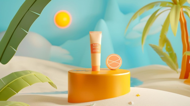 Photo a 3d summer sunscreen tube advertisement displayed on a round podium at a hot beach
