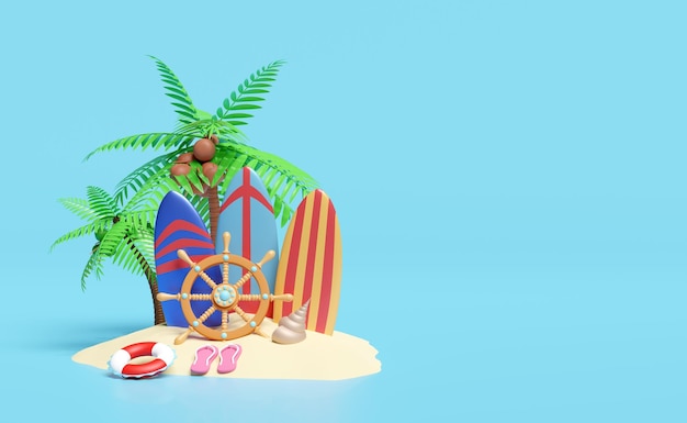 3d summer travel with helm stern wheel suitcase shellfish palm tree lifebuoy island surfboard sandals isolated on blue background concept 3d render illustration