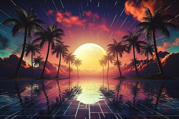 3d sunset on the beach Retro palms sci fi background