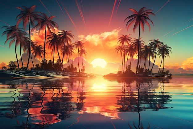 Photo 3d sunset on the beach retro palms sci fi background