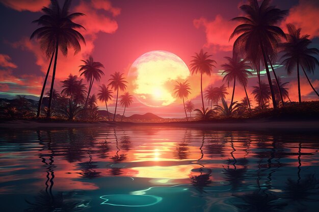 3d sunset on the beach Retro palms sci fi background