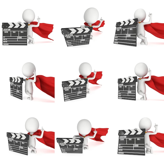 3D superhero with cinema clapperboard