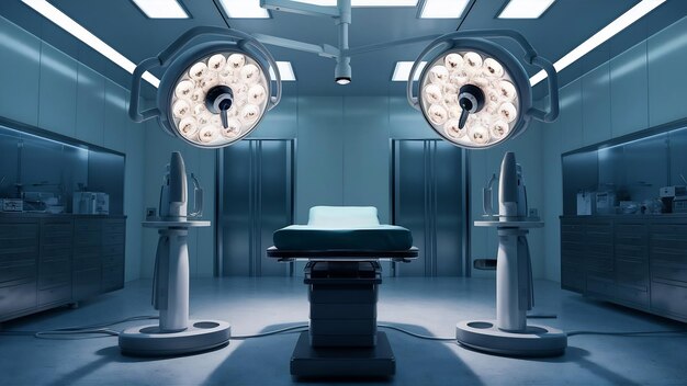 3d surgery room with two illuminated medical lamps and empty bed 3d rendering