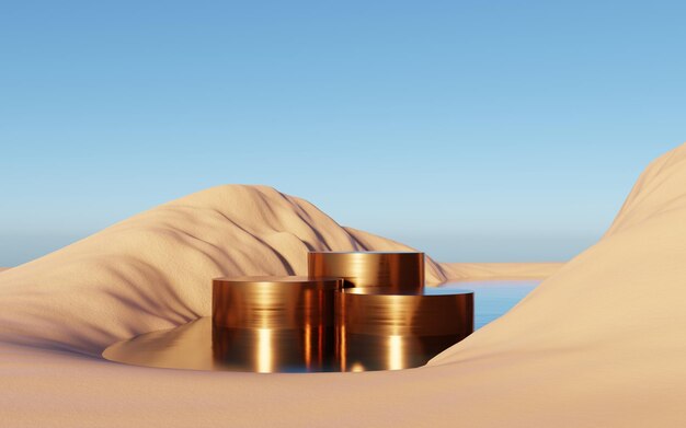 3d Surreal Dune cliff sand with metallic Podium stand platform Surreal Desert natural landscape