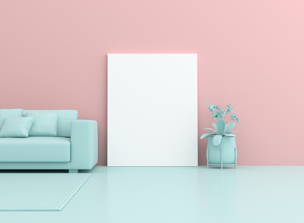 3d surreal render of white blank canvas and sofa on pastel.