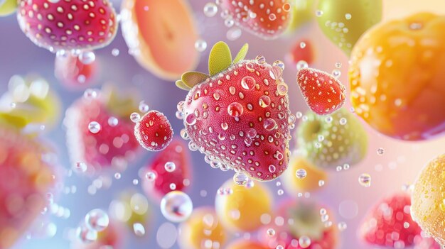 3D suspended summer fruits surreal refreshing look pastel background warm glow