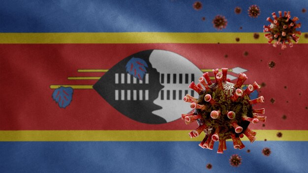 3D, Swaziland vlag zwaaien en Coronavirus 2019 nCov concept. Aziatische uitbraak in Eswatini, coronavirussen influenza als gevaarlijke gevallen van griepstammen als een pandemie. Microscoopvirus Covid 19