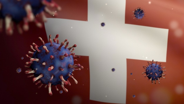 3D, Switzerland flag waving with coronavirus outbreak infecting respiratory system as dangerous flu. Influenza type Covid 19 virus with national Swiss banner blowing background. Pandemic risk concept