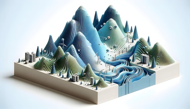 3D Synthetic Mountain Mesh Structured Data in Digital Abstract Landscape with Isolated White Backdr