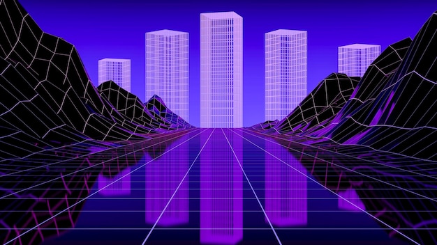 3d synthwave metaverse неоновый пейзаж со светящимися небоскребами и сеткой Retrowave киберпанк