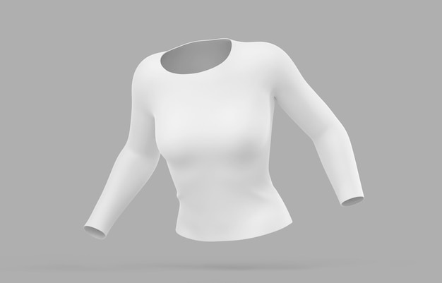 3D-t-shirt met lange mouwen voor vrouwen hoekmening Realistische mockup van vrouwelijke witte tee trui sport of casual kleding met ronde hals geïsoleerd op grijze achtergrond 3d render illustratie