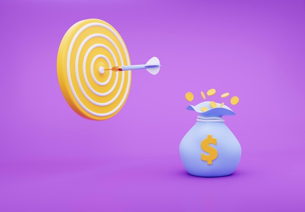 3d target board with money bags and flying coins Hit right on target 3d rendering 