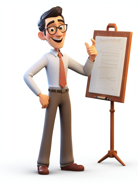 3D Teacher Character Explains Using Whiteboard White Background