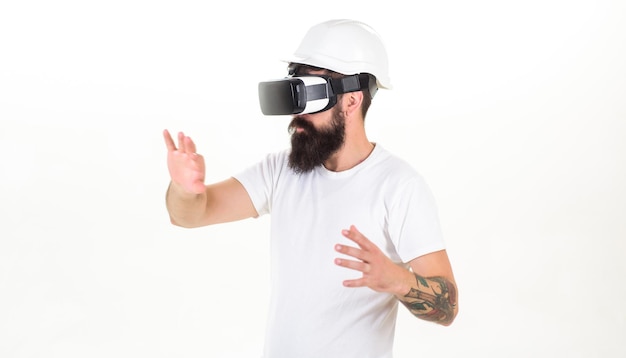 3d technology virtual reality entertainment cyberspace and people concept happy young man with virtual reality headset or 3d glasses Bearded man wearing virtual reality goggles in studio