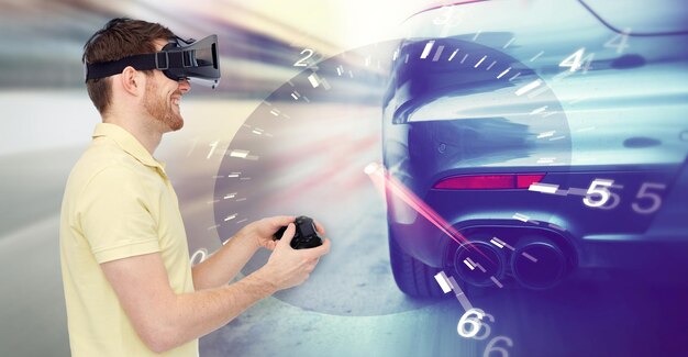 3d technology, virtual reality, entertainment and people concept - happy man in virtual reality headset with game controller gamepad playing car racing game over tachometer and street race background