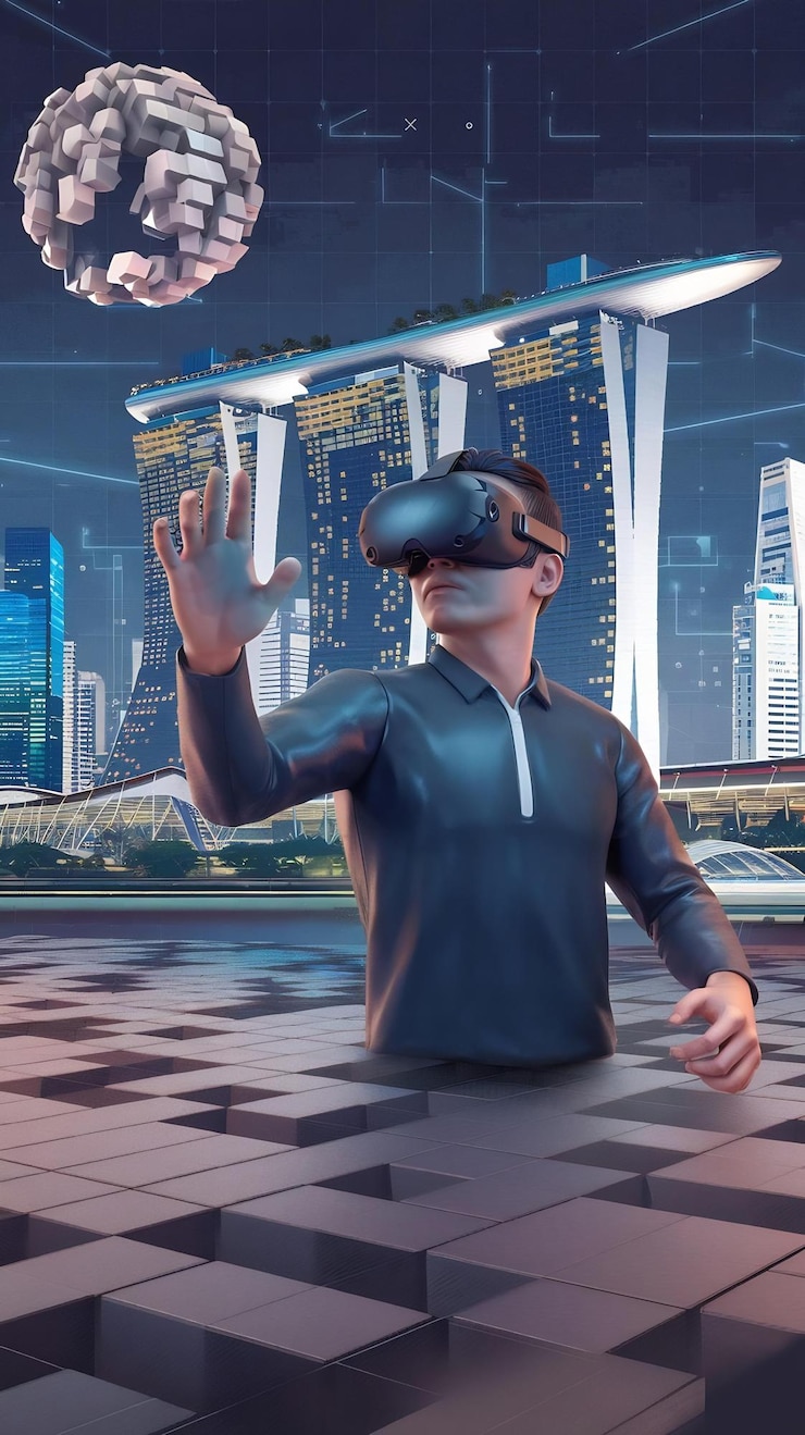 Photo 3d technology virtual reality entertnment cyberspace and people concept man with virtual reali