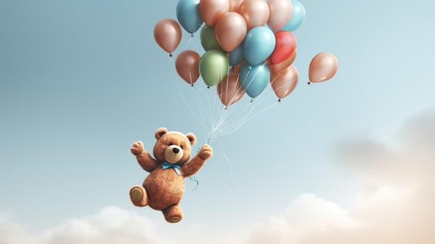 A 3D teddy bear in midair carried away by a handful of balloons